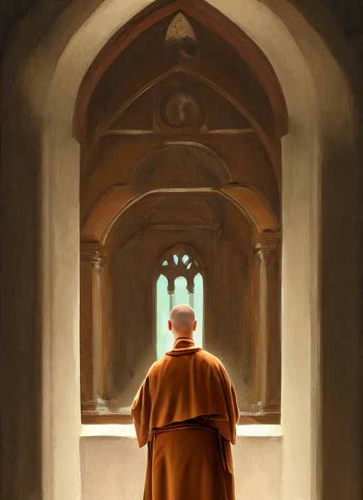 Prompt: symmetry!! oil painting of a tonsured dominican monk in a brown habit, looking out of a monastery window contemplatively, a majestic cathedral in the background, hazy, digital art, artstation, cinematic, golden hour, digital art painting by greg rutkowski, cozy atmosphere, cinematic lighting