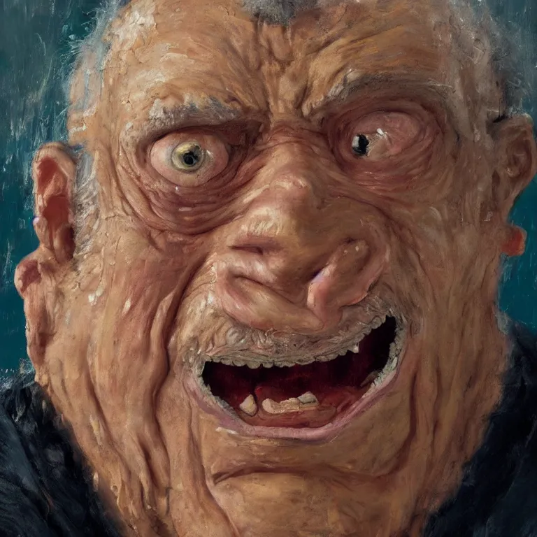 Image similar to warmly lit close up studio portrait of very old angry! Sully from Monster's Inc age 115 angrily singing, impasto oil painting thick brushstrokes by Cy Twombly and Anselm Kiefer , trending on artstation dramatic lighting Expressionism