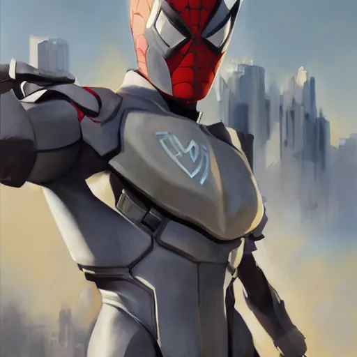 Image similar to greg manchess portrait painting of armored spiderman ultraman grey fox from metal gear cyborg gay japanese - american hybrid as overwatch character, medium shot, asymmetrical, profile picture, organic painting, sunny day, matte painting, bold shapes, hard edges, street art, trending on artstation, by huang guangjian and ail elvgren and sachin teng