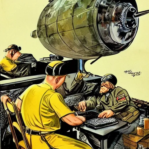 Prompt: bumblebees drop bombs onto a sleeping man at a computer, highly detailed, ww 2 american propoganda poster, colorized