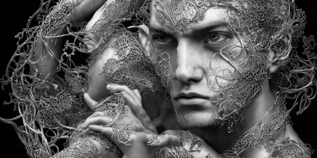 Image similar to hyperrealistic photography of a stunningly beautiful cyborg male, intimate, intricate filigree, fibonacci, in the style of beth cavener, jin kagetsu, and wlop, highly detailed, chrome face symmetry, masterpiece, award winning, sharp focus, concept art, high key, ambient lighting, 8 k, octane render,