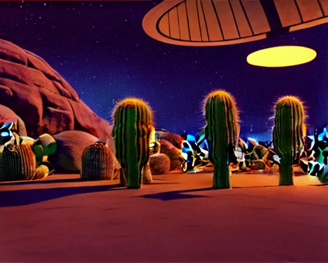 Image similar to low angle interior shot of a space port at night, pulp art, Art Deco, cactus and aquatic Al plants, cinematography by Jim Jarmusch, set design by Joseph Leyendecker and Robert McGinnis and Alfred Henry Maurer, 3d octane blender render, Hippie and boho fashion 1970s, kraut rock soundtrack