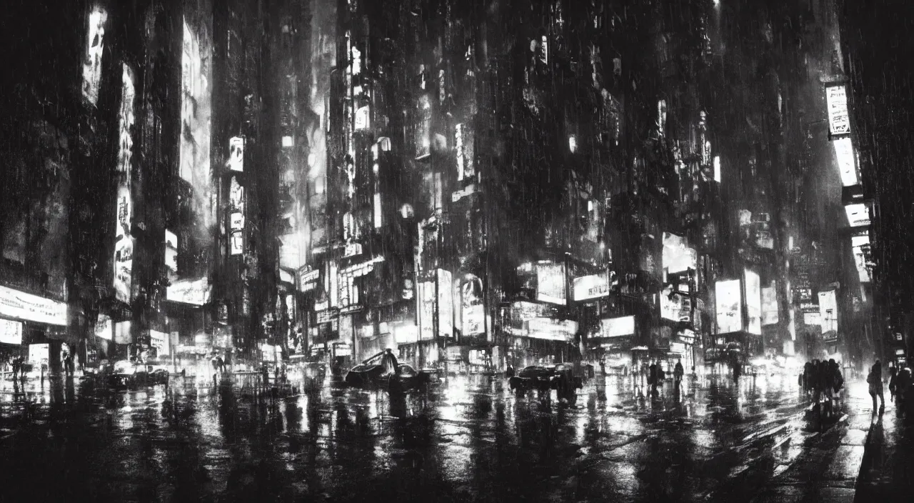 Image similar to a dramatic scene from blade runner film, with brutalist city scape and crowded streets at rainy night