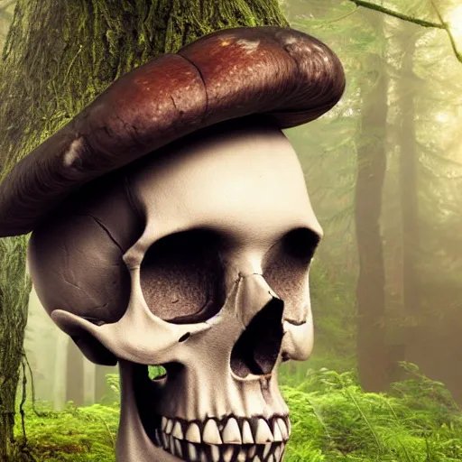 Image similar to photorealistic fantasy portrait of a skull with mushrooms growing out of the eye sockets in the middle of a forest, dynamic lighting, 8k, HD quality