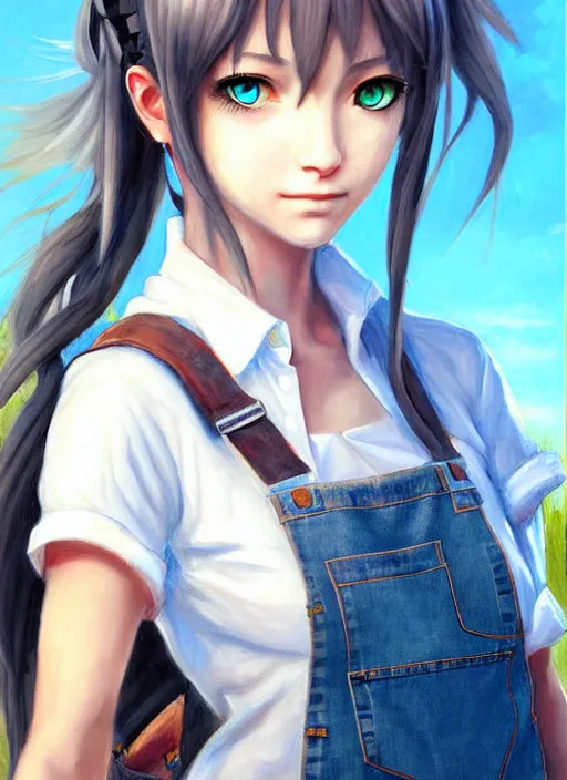 Image similar to a portrait of catgirl wearing white vest, and denim shorts an ultrafine detailed painting, detailed painting, detailed eyes!!, final fantasy