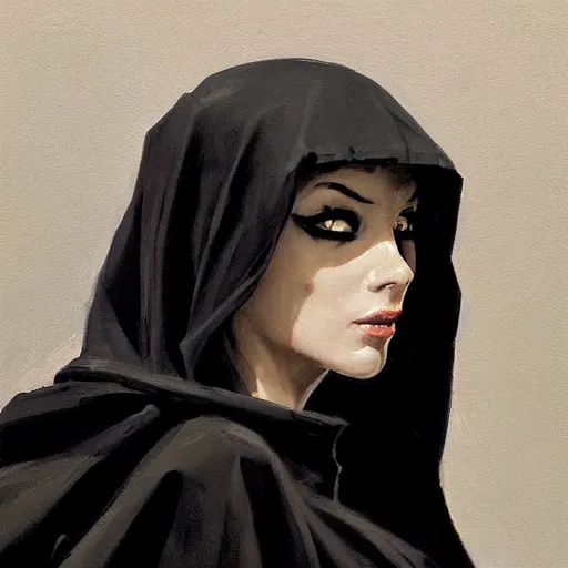 Image similar to greg manchess portrait painting of death in a black hooded cape looking at a smart phone overwatch character, medium shot, asymmetrical, profile picture, organic painting, sunny day, matte painting, bold shapes, hard edges, street art, trending on artstation, by huang guangjian and gil elvgren and sachin teng and phil hale