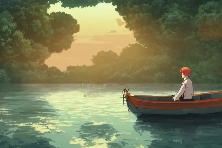 Image similar to cell shaded anime key visual of a fantasy fisherman in a small boat on a lake in the style of studio ghibli, moebius, makoto shinkai, dramatic lighting