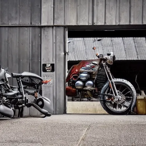 Prompt: a flying motorcycle parked in a garage