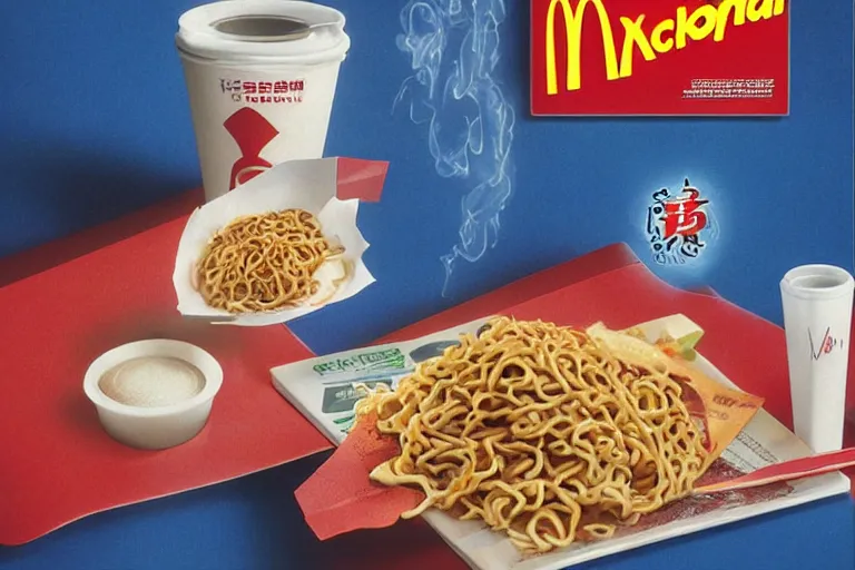 Image similar to mcdonald's yakisoba meal, in 1 9 9 5, y 2 k cybercore, advertisement photo. artwork by craig mullins