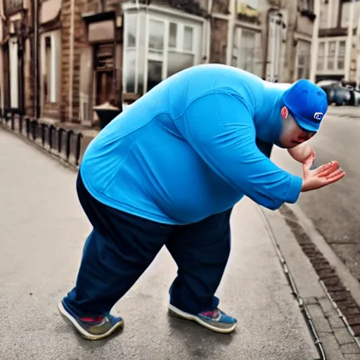 Prompt: crying obese man wearing a blue cap with a P on it