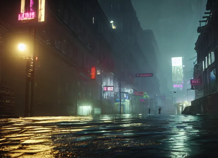 Image similar to dark, misy, foggy, flooded new york city street in Destiny 2, liminal creepy, dark, dystopian, highly detailed 4k in-game screenshot leak datamine from reddit