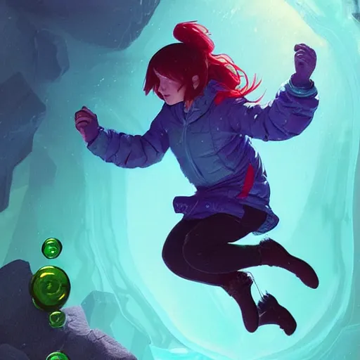 Image similar to madeline from celeste jumping into a green jelly bubble wearing a blue bubble jacket has a red long hair, highly detailed, digital painting, artstation, concept art, sharp focus, illustration, art by greg rutkowski and alphonse mucha