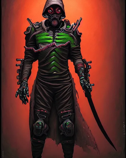 Image similar to genji the cyber ninja from overwatch, zombie ninja, character portrait, portrait, close up, concept art, intricate details, highly detailed, horror poster, horror, vintage horror art, realistic, terrifying, in the style of michael whelan, beksinski, and gustave dore