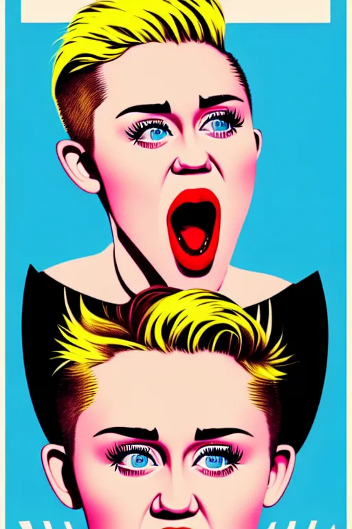 Image similar to propaganda poster, miley cyrus, close up, portrait, shouting