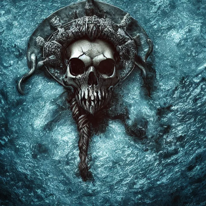 Prompt: half viking half skull rising through water surface seen from above, dark fantasy art, 4k ultra hd, trending on artstation