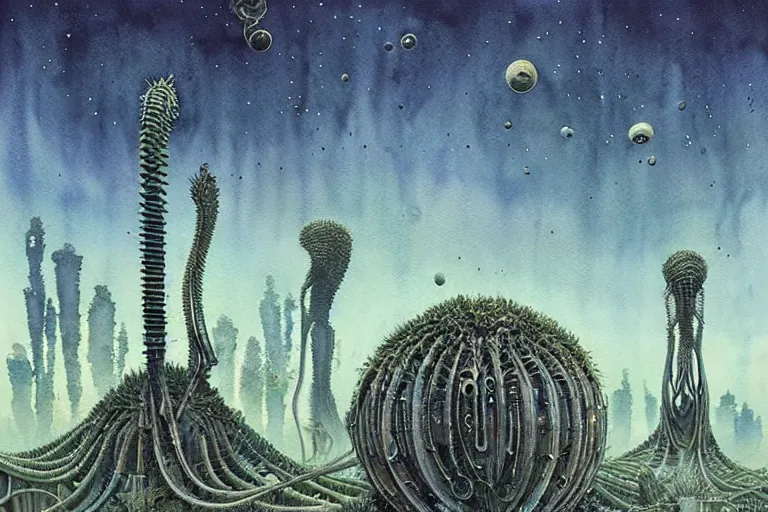 Image similar to a surreal and awe - inspiring science fiction landscape, alien plants and animals, intricate, elegant, uplifting, happy, inspirational, highly detailed watercolor painting by h. r. giger and simon stalenhag