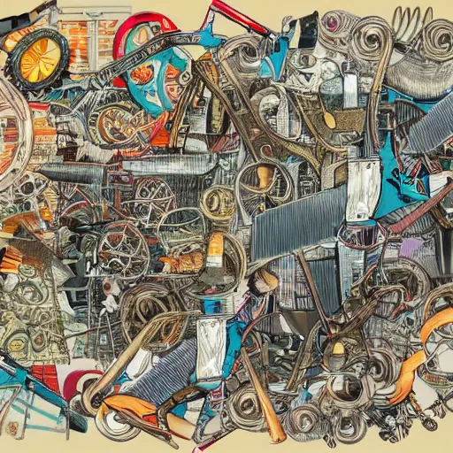 Prompt: a chaotic scene of many pairs of scissors and a crazy machine with lots of details and contraptions. the illustration is very detailed and intricate, with a lot of small elements that come together to create a cohesive whole. it uses a limited palette of colors, which helps to create a cohesive and unified look.