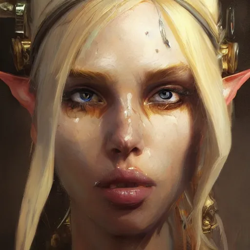 Image similar to A head-on detailed oil portrait of a pretty elf woman with small cuflhcopper horns, long blonde hair and bright irises, by greg rutkowski, trending on artstation, dungeon and dragons art