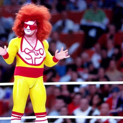 Image similar to Ronald McDonald as a wrestler in WWE, 1990