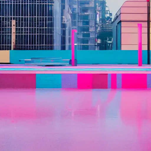 Image similar to retrofuturistic street scene with a row of large polished concrete platforms leading from near to far, focus on pink and blue colours, steam from ground