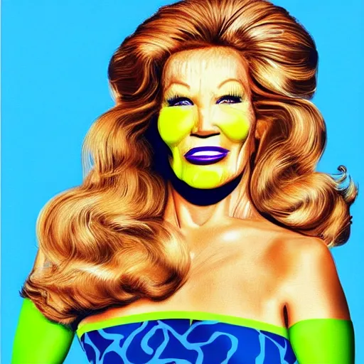 Image similar to handsome, jocelyn wildenstein, pop art poster, vivid colors, cartoon, long chin, big smile