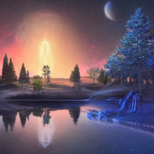 Prompt: a scene from another planet with trees made out of water and with cold lava lakes where a transparent crystal piano sits at the edge of the universe, high resolution photo, hyperrealistic art by jason de graaf, wide angle, digital painting, meadow-like scenery