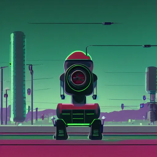 Image similar to retrofuturistic robot in style of Simon Stalenhag, green colour scheme