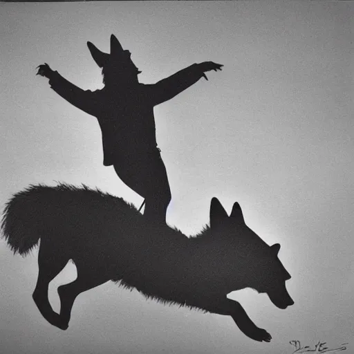 Image similar to david bowie riding a wolf over a rock, dark lighting