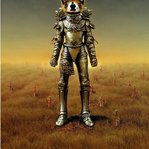 Image similar to anthropomorphic shiba inu, gold armor, standing on hill, graveyard full of bones and skulls, stuning fantasy 3 d render, masterpiece, glowing dark aura, by donato giancola and greg rutkowski and wayne barlow and zdzisław beksinski, realistic face