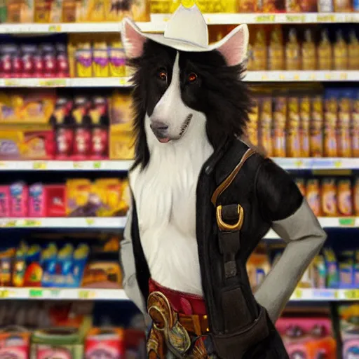 Image similar to wide angle beautiful full body portrait of a cute male anthropomorphic anthro border collie fursona wearing cowboy outfit in a grocery store, character design by charlie bowater, henry asencio, and ross tran, furry art, furaffinity, beautiful, glamor pose, detailed, aesthetic, trending on artstation