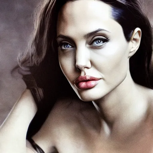 Image similar to young angelina jolie as wonder woman, photorealistic, photographed in the style of annie leibovitz - h 6 4 0