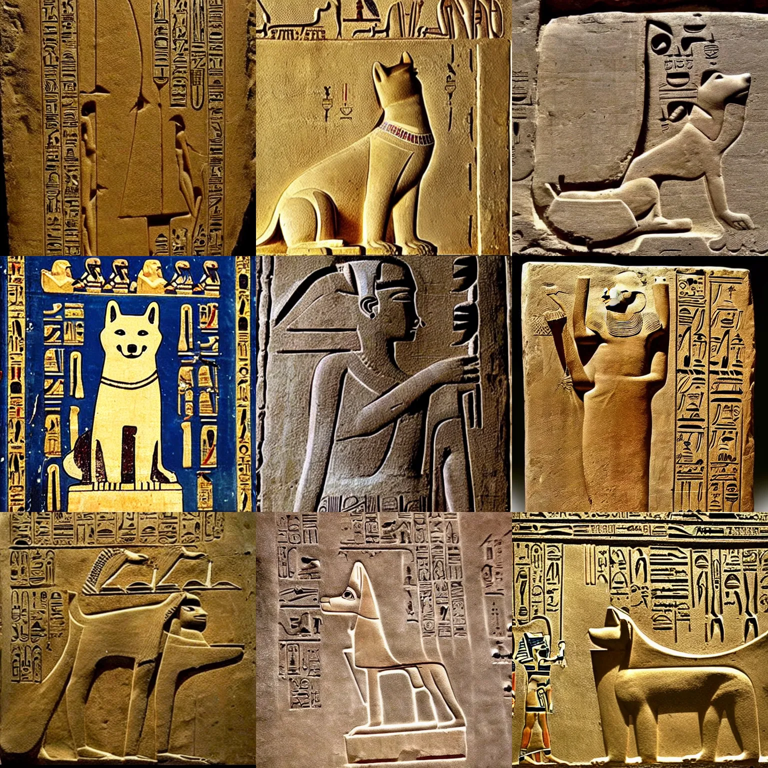 Image similar to ancient egyptian carving of doge meme, shiba inu meme