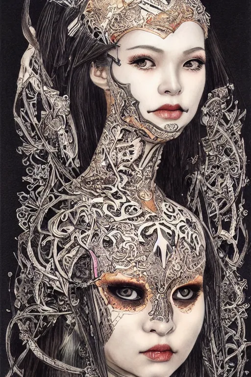 Image similar to beautiful skull cyborg portrait of a femme fatale girl with detailed patterns of thai traditional dress, highly detailed concept art by alan lee