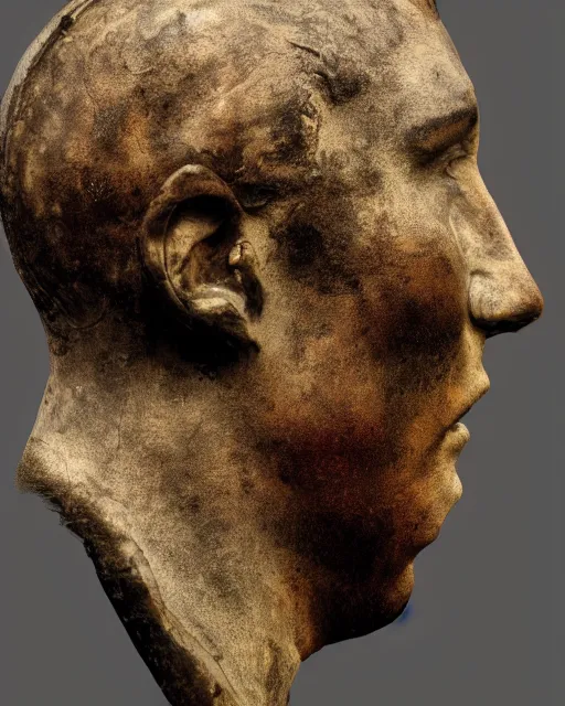 Prompt: a man's face in profile, made of patina, in the style of the dutch masters and gregory crewdson, dark and moody