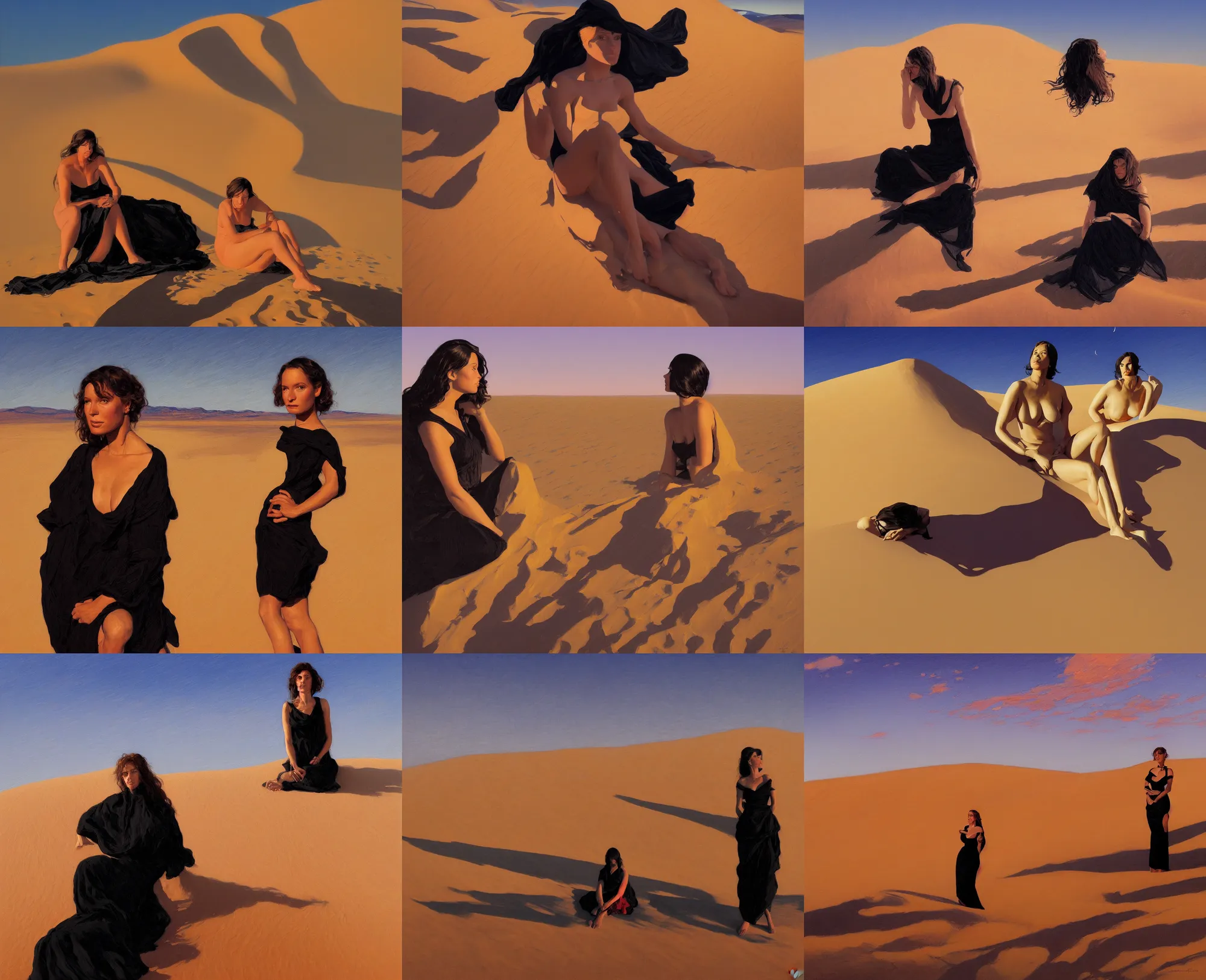 Prompt: sitting girl in black decollete dress between clouds above namibia dunes in sunset light, portrait, elegant, intricate, digital painting, artstation, concept art, smooth, sharp focus, illustration, art by ed mell and Daniel F. Gerhartz and Jacek Malczewski and gustav klimt