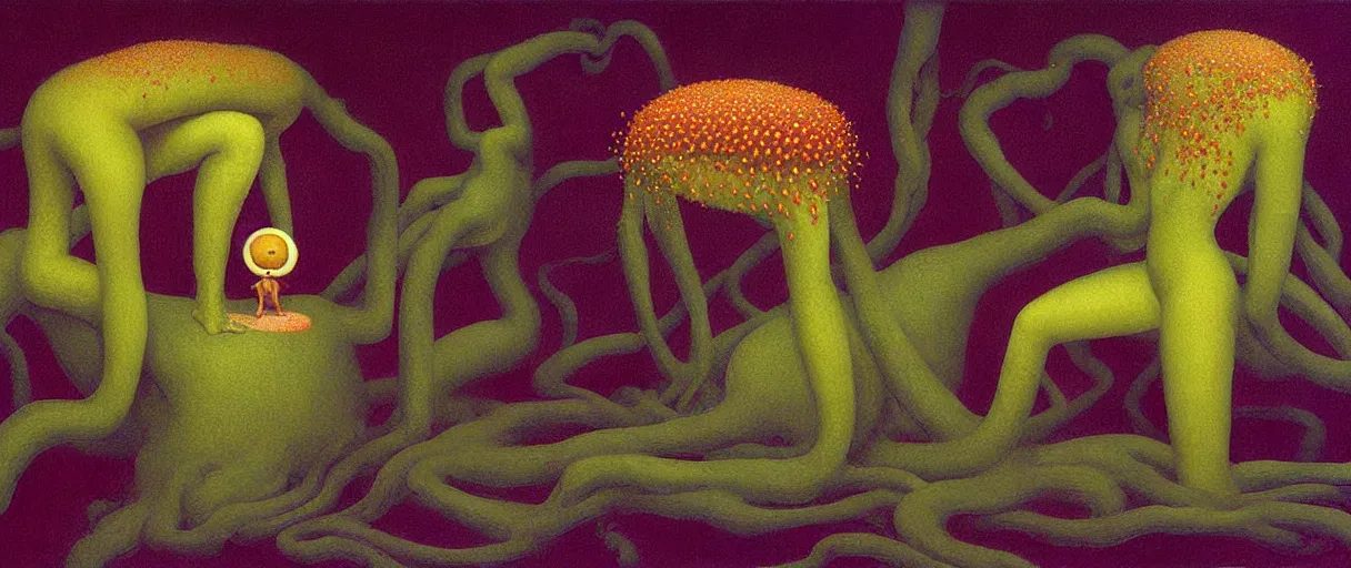 Image similar to She Eats Joyfully of the Suffocating Yellowcake Fruit and Her spiderlike gossamer glistening polyp blossoms bring iridescent fungal flowers whose spores black the foolish glaring stars Edward Hopper and James Gilleard, Zdzislaw Beksinski, Mark Ryden, Wolfgang Lettl highly detailed