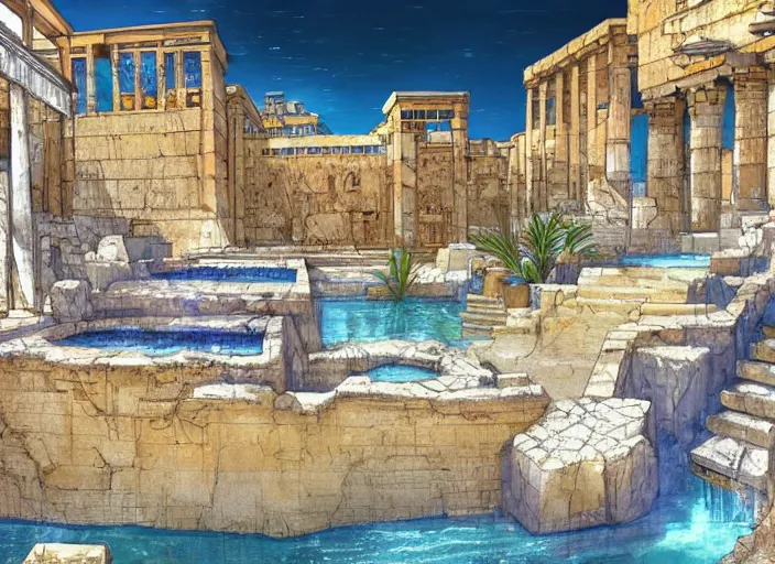 Prompt: A wide open courtyard in an epic, colorful city in ancient Egypt, anime, pyramids, sakura season, at Pamukkale, thermal waters flowing down white and gold travertine terraces, intricate, elegant, luxurious, hint of royal blue, digital painting, concept art, smooth, sharp focus, from Star Trek 2021, illustration, by WLOP and Ruan Jia and Mandy Jurgens and William-Adolphe Bouguereau, Artgerm
