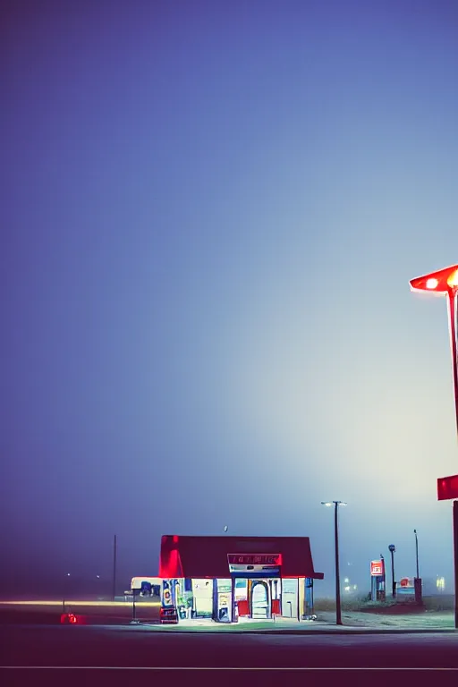 Prompt: lone gas station, lit by street lights, blue light, night, fog, award winning photography