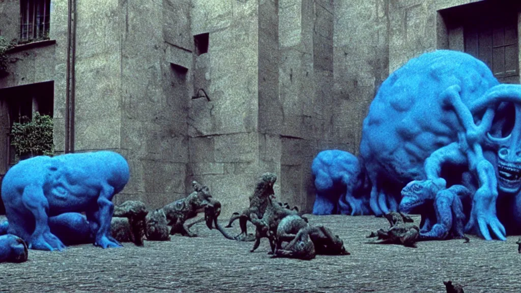 Image similar to the square creature in courtyard, made of blue liquid, surrounded by animals, film still from the movie directed by denis villeneuve and david cronenberg with art direction by salvador dali and zdzisław beksinski, wide lens