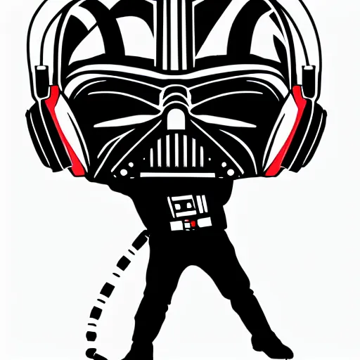 Image similar to svg sticker of a Pop-Wonder Darth-Vader at a rave, spinning records, giant headphones rocking out, wearing headphones, huge speakers, dancing, rave, DJ, spinning records, digital art, amazing composition, rule-of-thirds, award-winning, trending on artstation, featured on deviantart