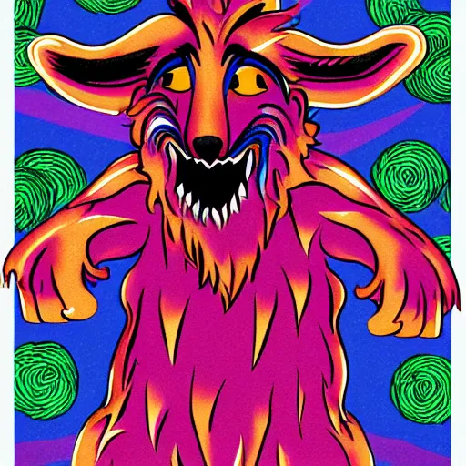 Image similar to a werewolf covered in blood in the style of lisa frank