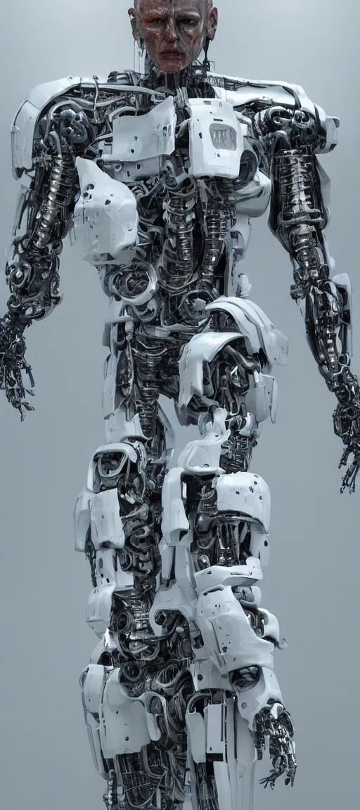 Prompt: hyperrealistic mixed media painting of a humanoid terminator in off-white, stunning 3d render + perfect body symmetry + dim volumetric lighting, 8k octane beautifully detailed render, post-processing, extremely hyperdetailed, intricate futuristic mechanic parts, epic composition, grim yet sparkling atmosphere, cinematic lighting + masterpiece, trending on artstation