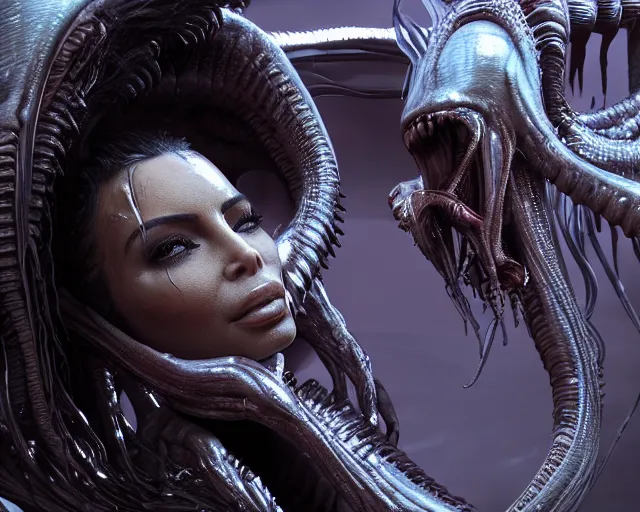 Image similar to film still of kim kardashian being licked by an xenomorph slathered in a transparent alien liquid, wet flowing hair, gooey skin, illustration, unreal engine 5, 8 k, directed by h. r. giger.