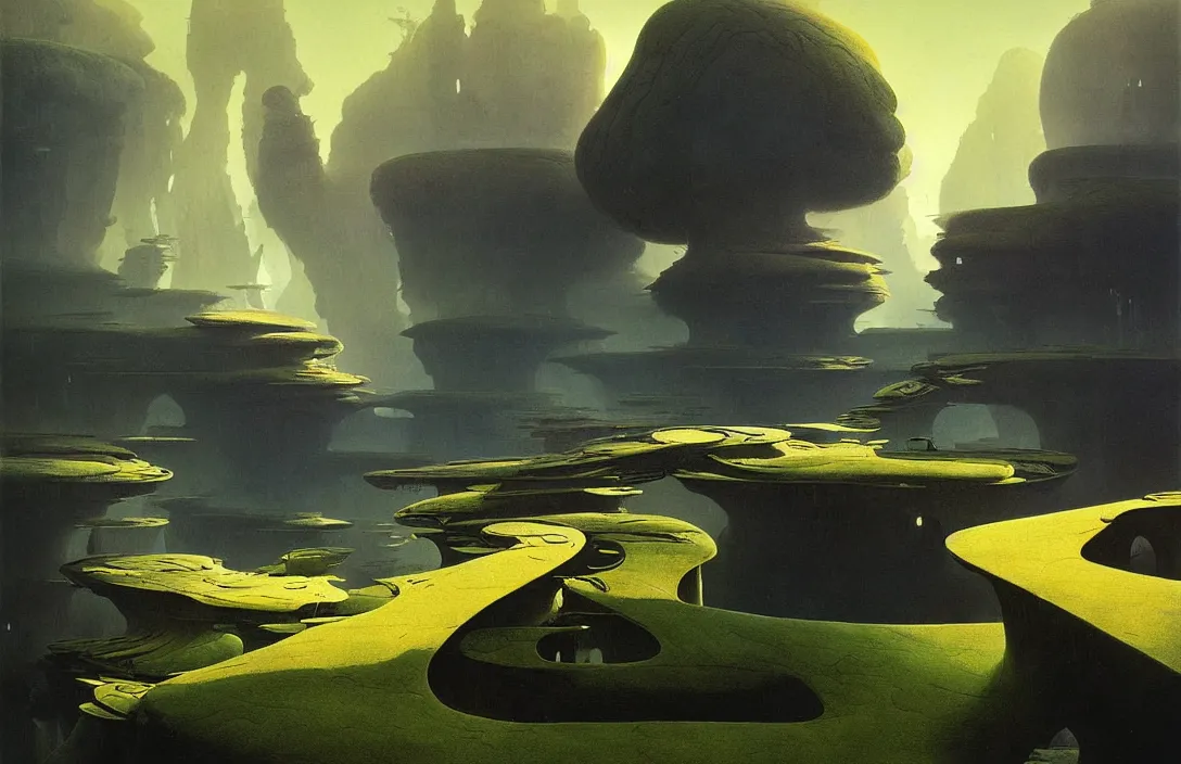 Image similar to line density is used for rendering light and shadow. painting by roger dean once in a lifetime by jan urschel