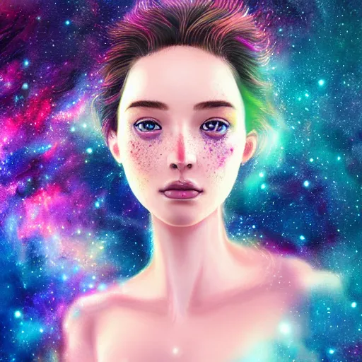 Prompt: beautiful digital painting of woman with freckles and hair made of galaxy nebula, by bearbrickjia, symmetry, realistic facial feature, artstation, artgerm