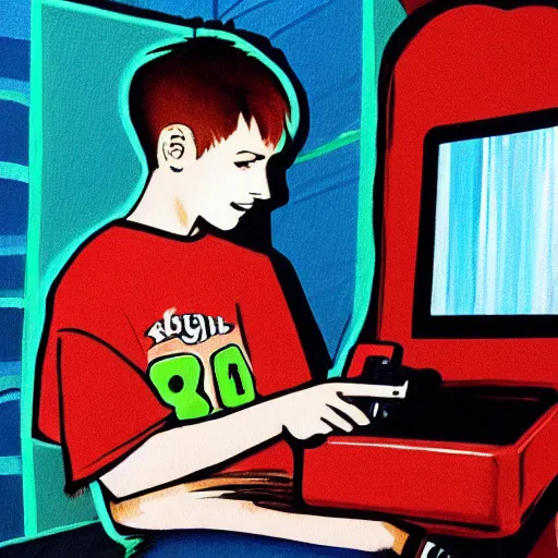 Image similar to teenager in the 9 0 s playing nintendo in a basement, painting