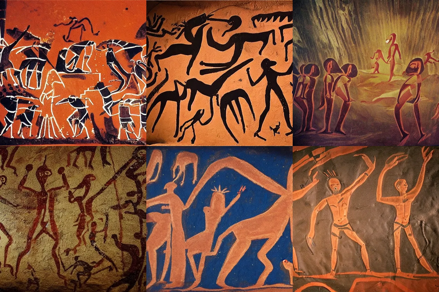 Prompt: Prehistoric cave painting depicting a Eurovision stage performance