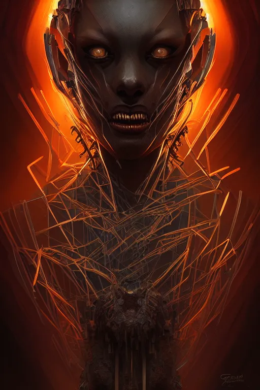 Prompt: professional concept art symmetric portrait of a terrifying! mechanical! predatory fractal! species in a dark room by artgerm and greg rutkowski. an intricate, elegant, highly detailed digital painting, concept art, smooth, sharp focus, illustration, in the style of cam sykes.