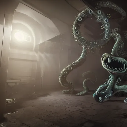 Prompt: monster made of tentacles eyes and mouths escaping from a lab, hyperdetailed, photorealistic, 3 d, unreal engine, octane render, artstation, volumetric light, raytracing