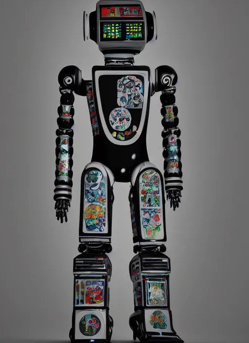 Prompt: full body photo of an industrial punk robot with kanji tattoos and decals wearing a digital pixelated kimono, intricate design, photo - realistic, octane render, dark colour palette, ultra fine detailed, character design, trending on artstation